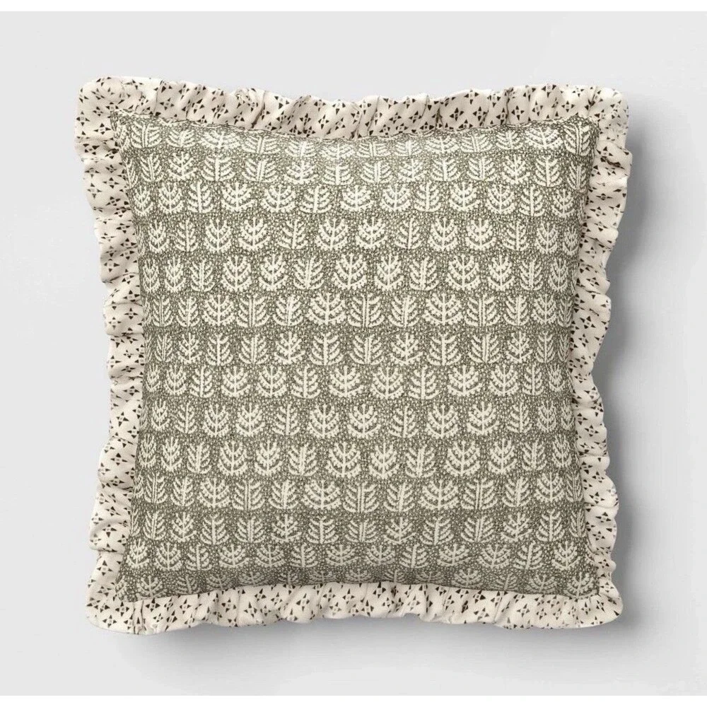 Square Block Print Reversible Pillow with Ruffle Trim Green - Threshold NEW